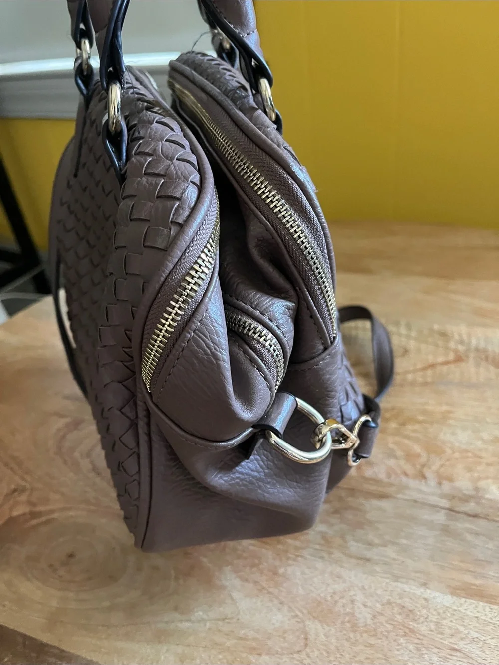 Woven Leather Satchel in Taupe